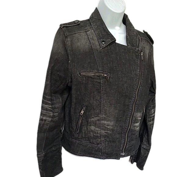 Jessica Simpson Moto Jean Jacket Jr XL Black Distressed Cropped Denim Zippers - Picture 2 of 16